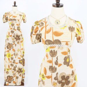 Vintage 70s Handmade Puff Sleeve Tie Waist Floral Earth Tone Prairie Maxi Dress